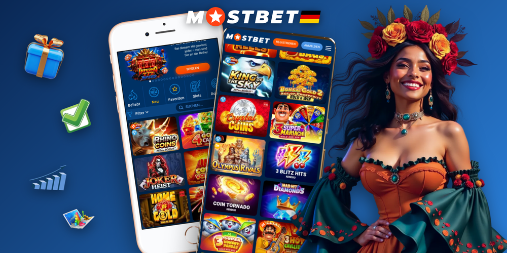 Mehrere Mostbet App Screens zeigen Sportwetten, Slots und Live-Casino