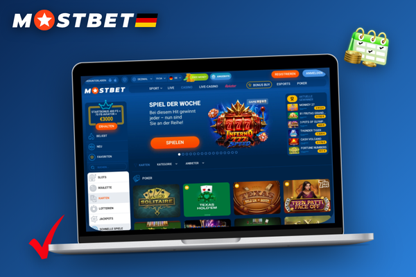 Lächelnder Spieler entdeckt das Mostbet Willkommenspaket am Laptop